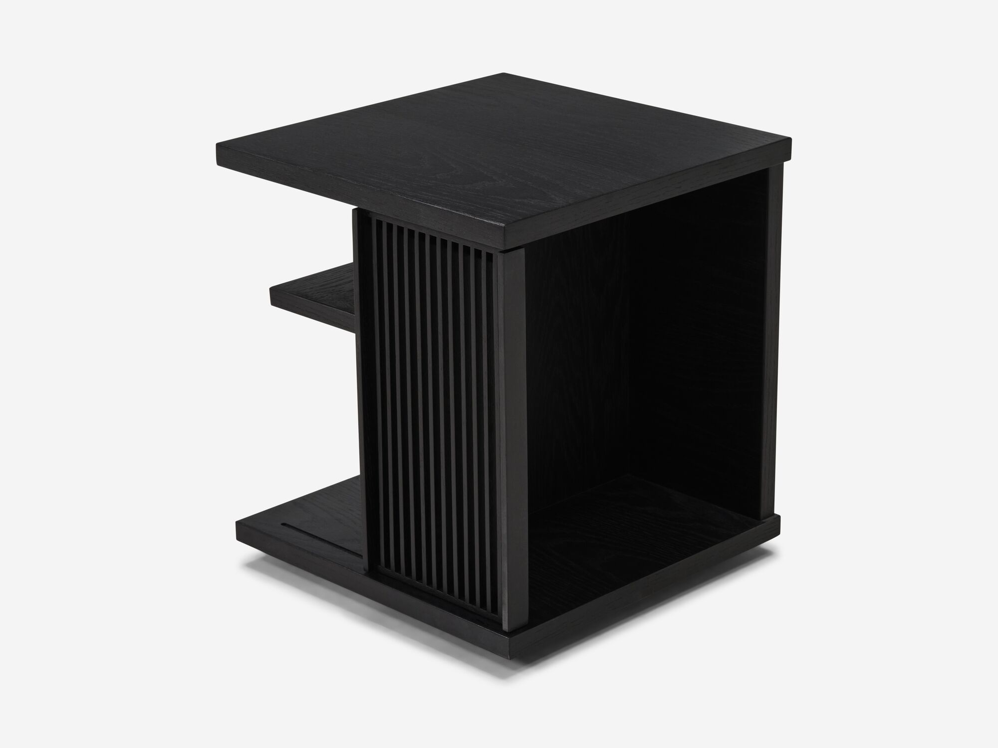 Detail right view of the Plank accent table canada in black oak with slats